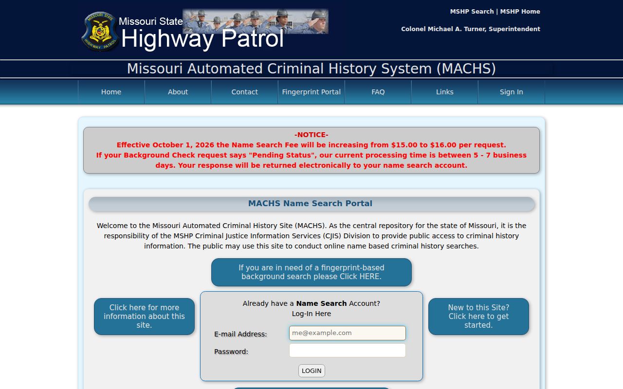 Missouri criminal history portal public interface