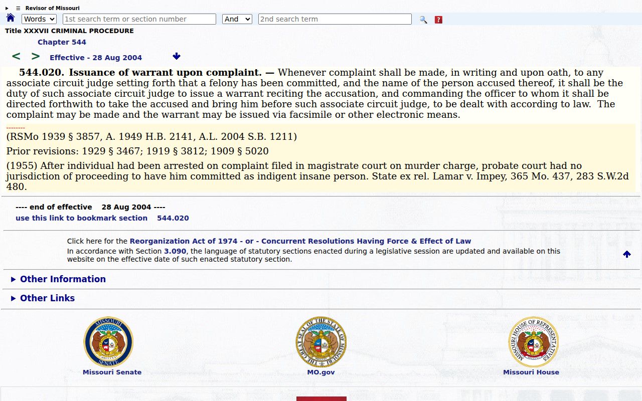 Missouri statute concerning a sworn complaint and arrest warrant