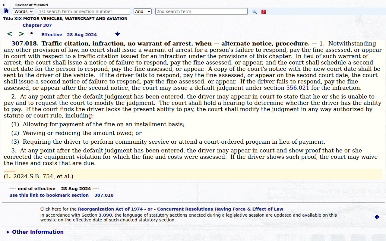 Missouri traffic-infraction notice and warrant statute