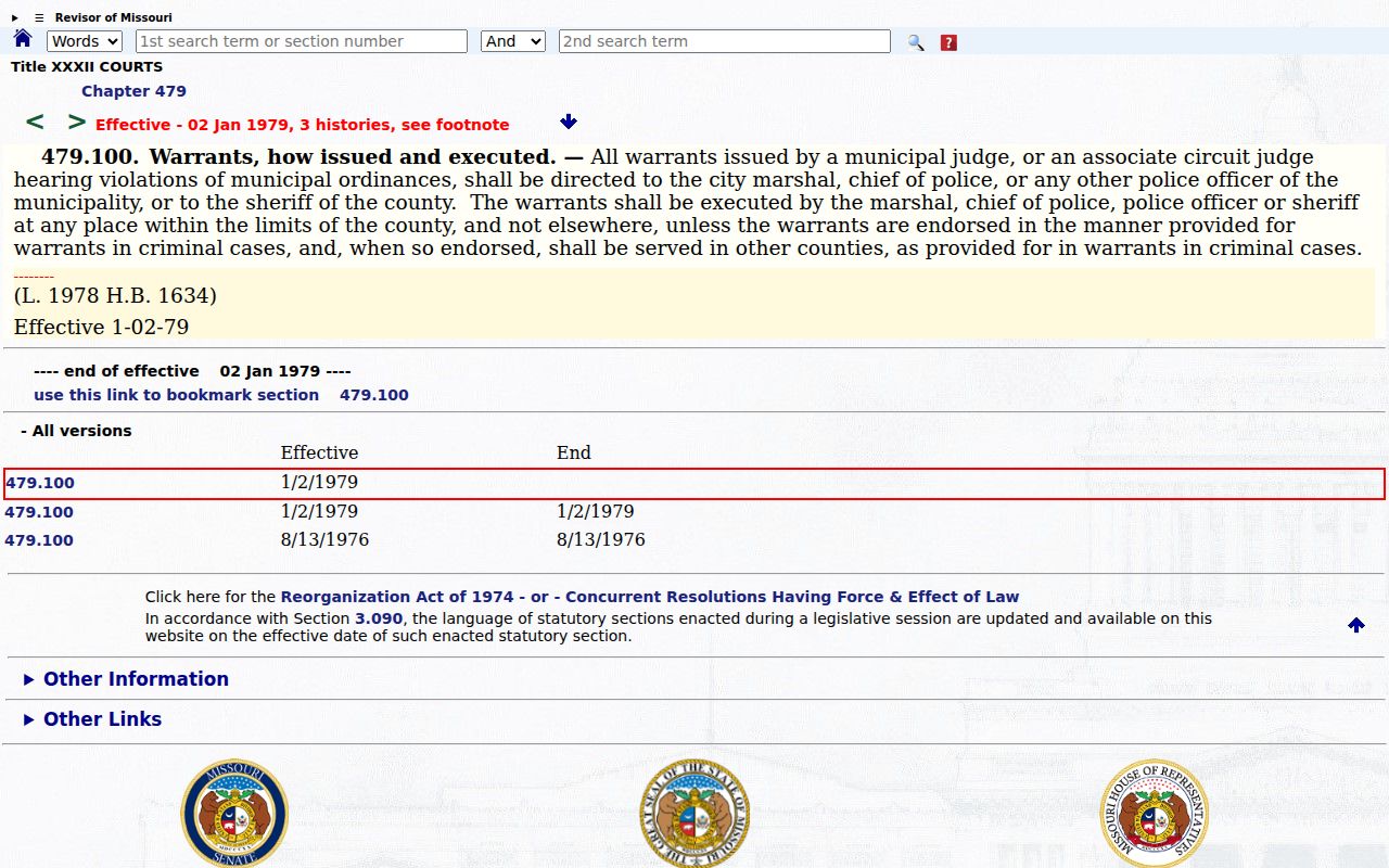Missouri municipal warrant direction and execution statute